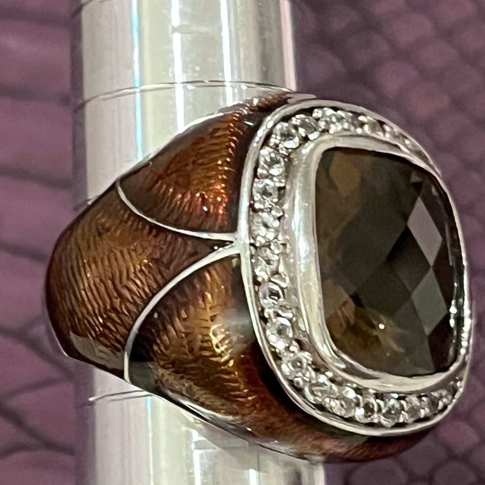 Sima K 9.26 ct Smoky Quartz & White Topaz Sterling Silver Enamel Ring